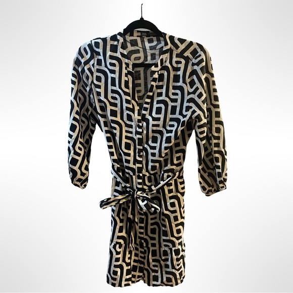 Zara Black and White Geometric Patterned Dress cotton and linen blend size xs - Picture 2 of 4